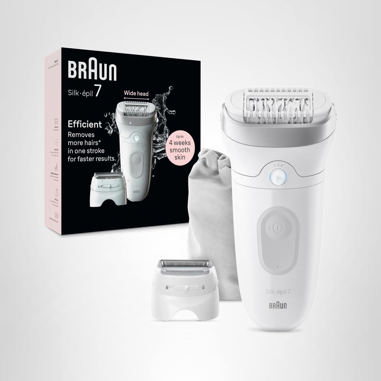 Braun Epilator Silk-épil 7, Hair Removal Device, Women Shaver & Trimmer, Wet and Dry, Wide Head, Includes Shaver Head and Trimmer Comb, SE7-041, Silver, Holiday Gifts for Women