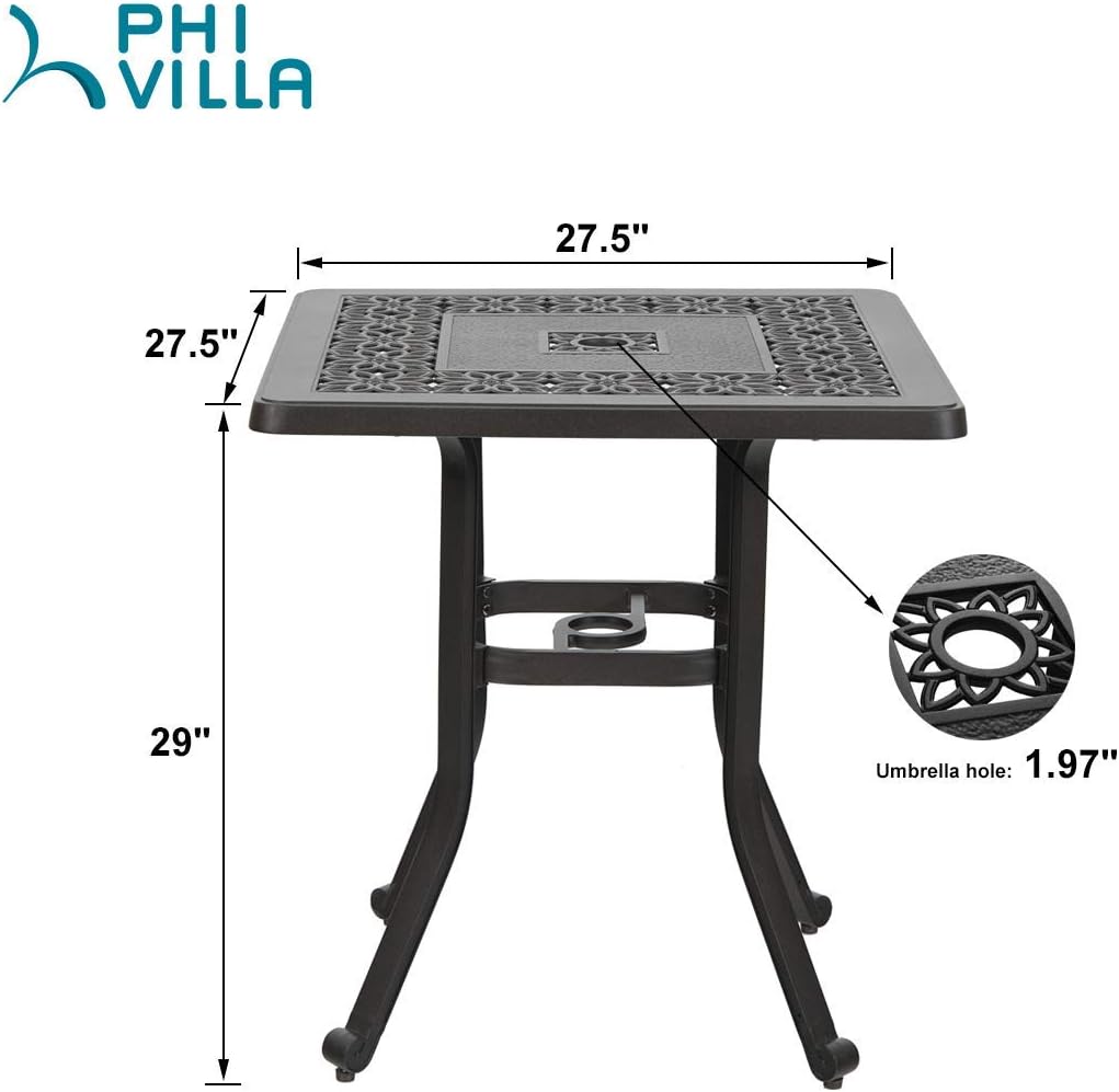 PHI VILLA Outdoor Balcony Garden Furniture Patio Bistro Coffee Table 27.5" Square Cast Aluminum with Umbrella Hole, Frosted Surface: Kitchen & Dining