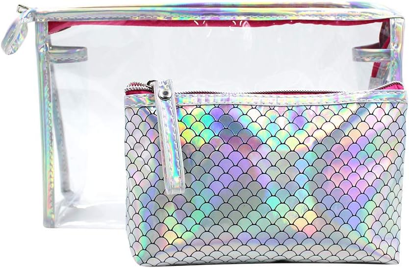 2 in 1 Clear Mermaid Fish Scale Makeup Bag Travel Accessories Cosmetic Pouch Pen Pencil Case Toiletry Wash Bag
