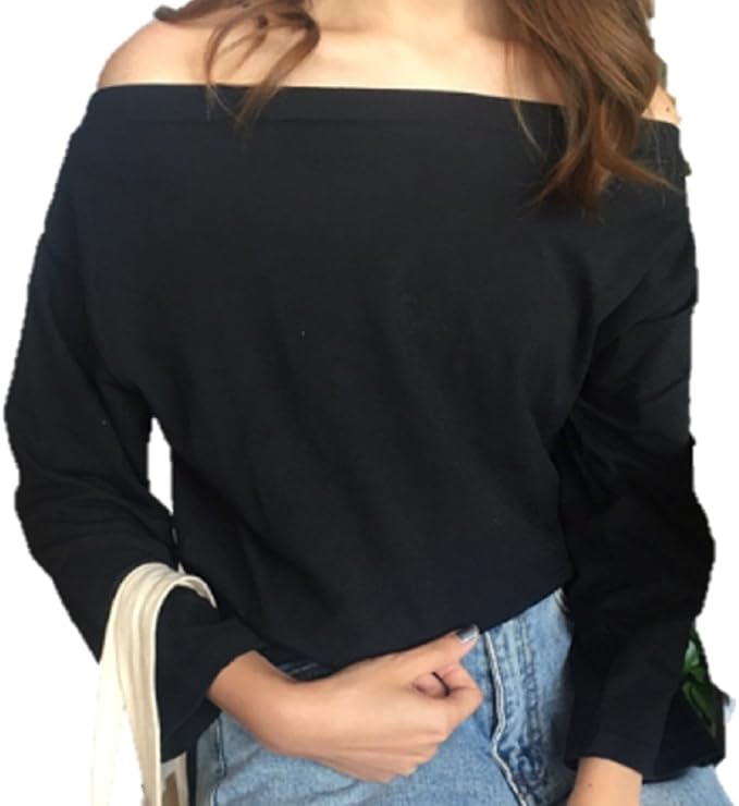 Amazon Nijuh オフショルダー ロンt カットソー 無地 長袖 ゆったり 肩出し トップス シンプル レディース Free ブラック Tシャツ カットソー 通販