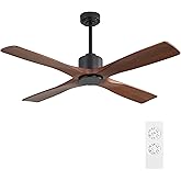 WINGBO 54 Inch DC Ceiling Fan without Lights, 4 Carved Solid Wood Blades, 6-Speed Noiseless Reversible DC Motor, Modern Ceiling Fan No Light with Remote, Black Finish with Walnut Blades, ETL Listed
