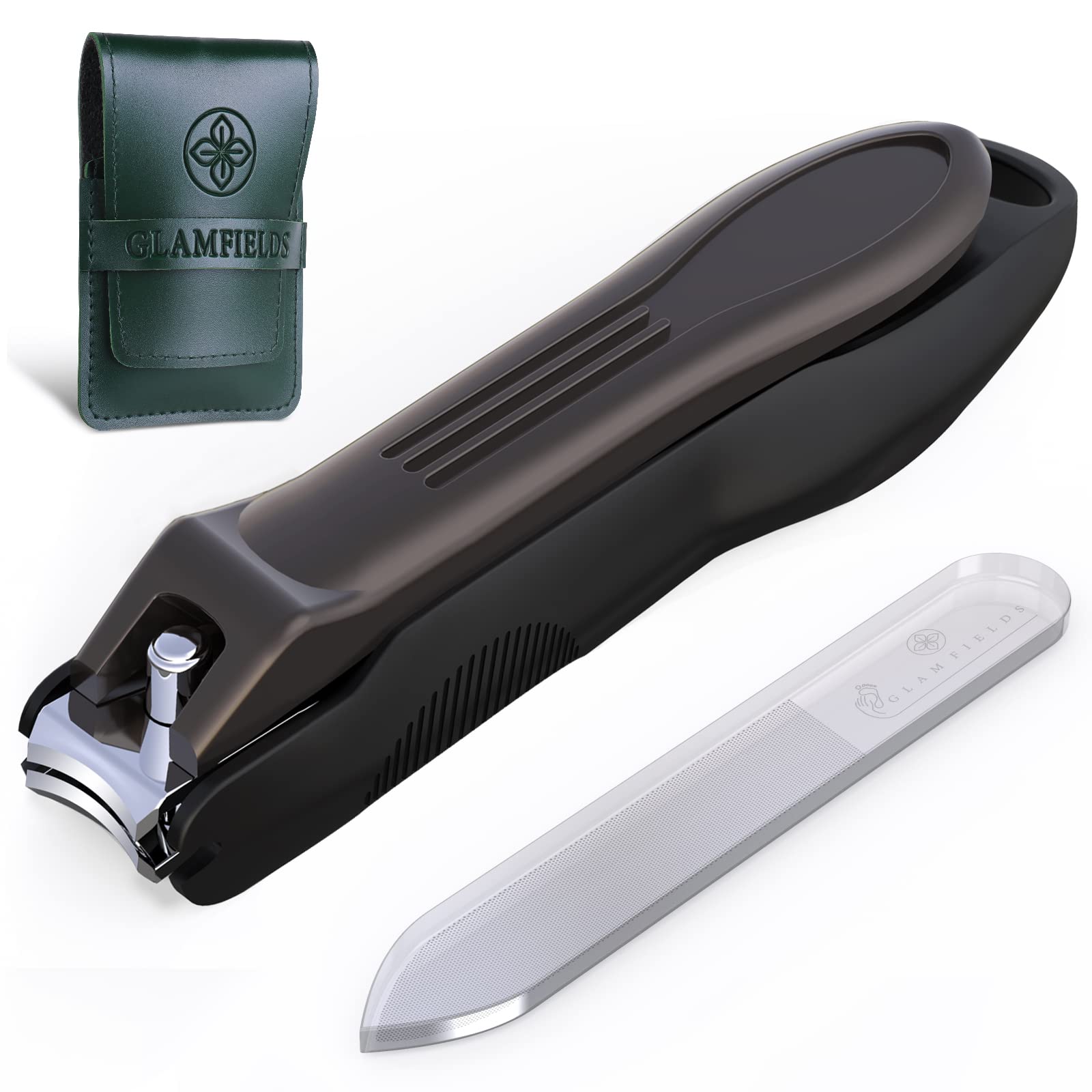 Nail Clipper with Catcher, GLAMFIELDS Large Fingernail Toenail Clippers Anti Splash, Stainless Steel Detachable Easy Clean Nail Cutter for Men Women Seniors (L+Nano Glass File)