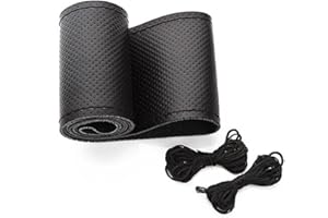Onerbuy Universal Leather Car Steering Wheel Stitch On Wrap Cover DIY Sewing Breathable and Anti slip, maximum for 15-Inch di