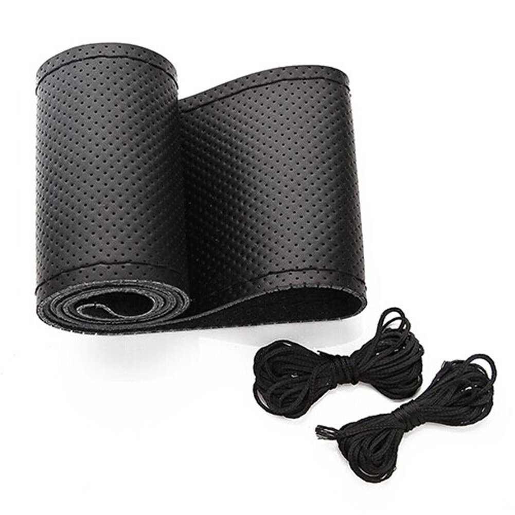 Onerbuy Universal Leather Car Steering Wheel Stitch On Wrap Cover DIY Sewing Breathable and Anti slip, 15-Inch (Black)