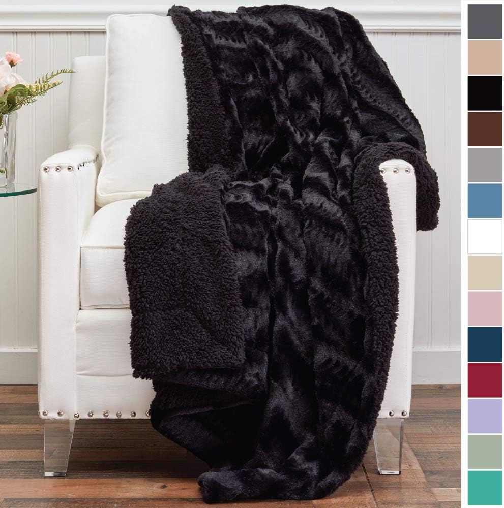 The CONNECTICUT Home Company Luxury Faux Fur with Sherpa Reversible Throw Blanket, Super Soft, Large Wrinkle Resistant Blankets, Warm Hypoallergenic Washable Couch or Bed Throws, 70x60, Black: Home & Kitchen