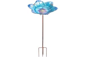DREAM GARDEN Outdoor Bird Bath Glass Birdbath Garden Birdfeeder with Metal Stake Blue(Height:26inch)