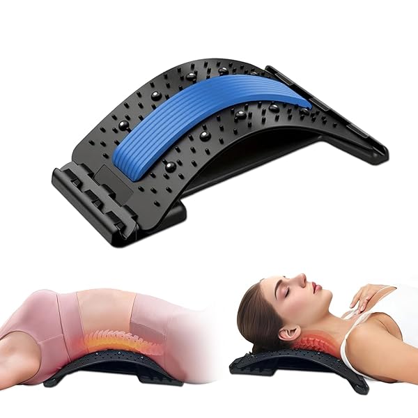 LUMBAR SUPPORT BOARD & BACK STRETCHER – 4-LEVEL ADJUSTABLE CRACKER FOR LOWER BACK PAIN RELIEF, HOME OFFICE USE (BLUE)