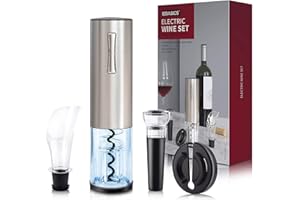 EZBASICS Electric Wine Opener, Automatic Wine Bottle Opener Set with Foil Cutter Vacuum Stopper and Wine Aerator Pourer for Wine Lovers Gift Home Kitchen Party Bar Wedding Rechargeable, Silver
