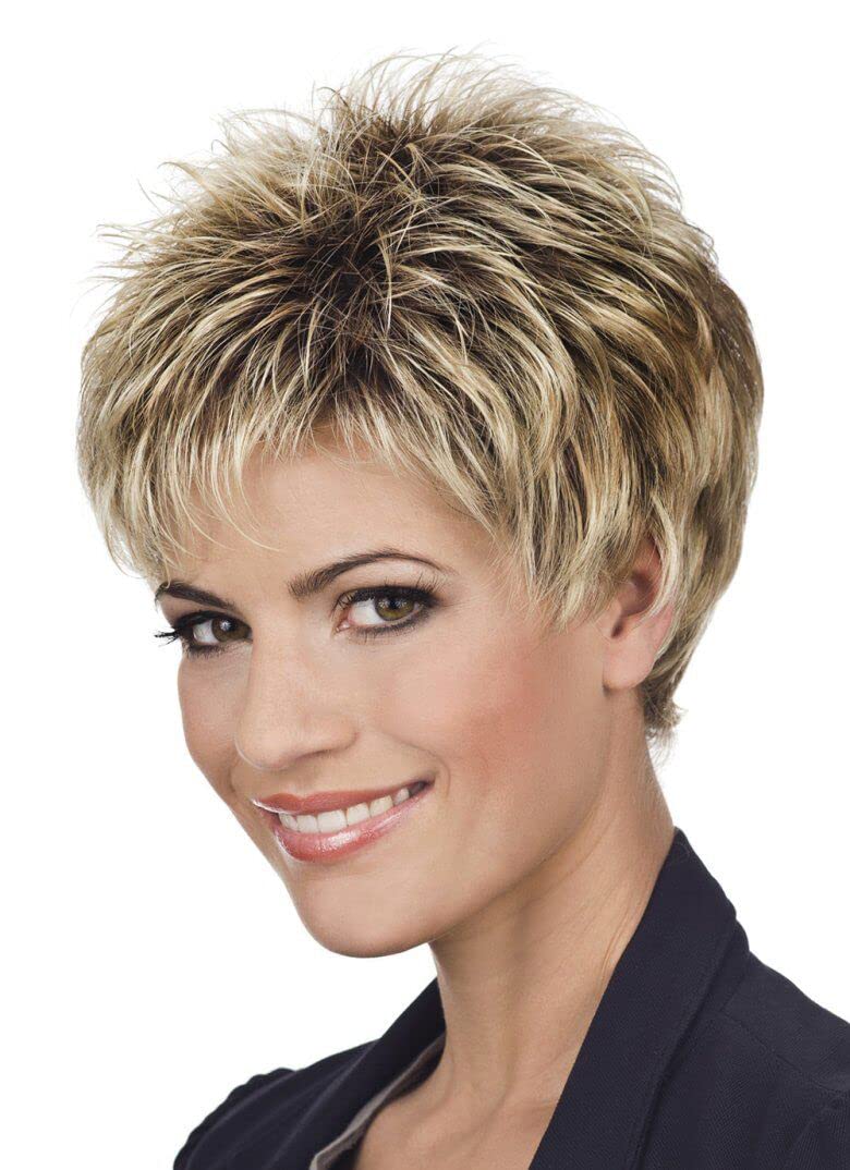 Photo 1 of SEVENCOLORS Short Pixie Cut Wigs for White Women Mixed Blonde Short Wigs with Brown Roots Synthetic Natural Hair Wigs for Women