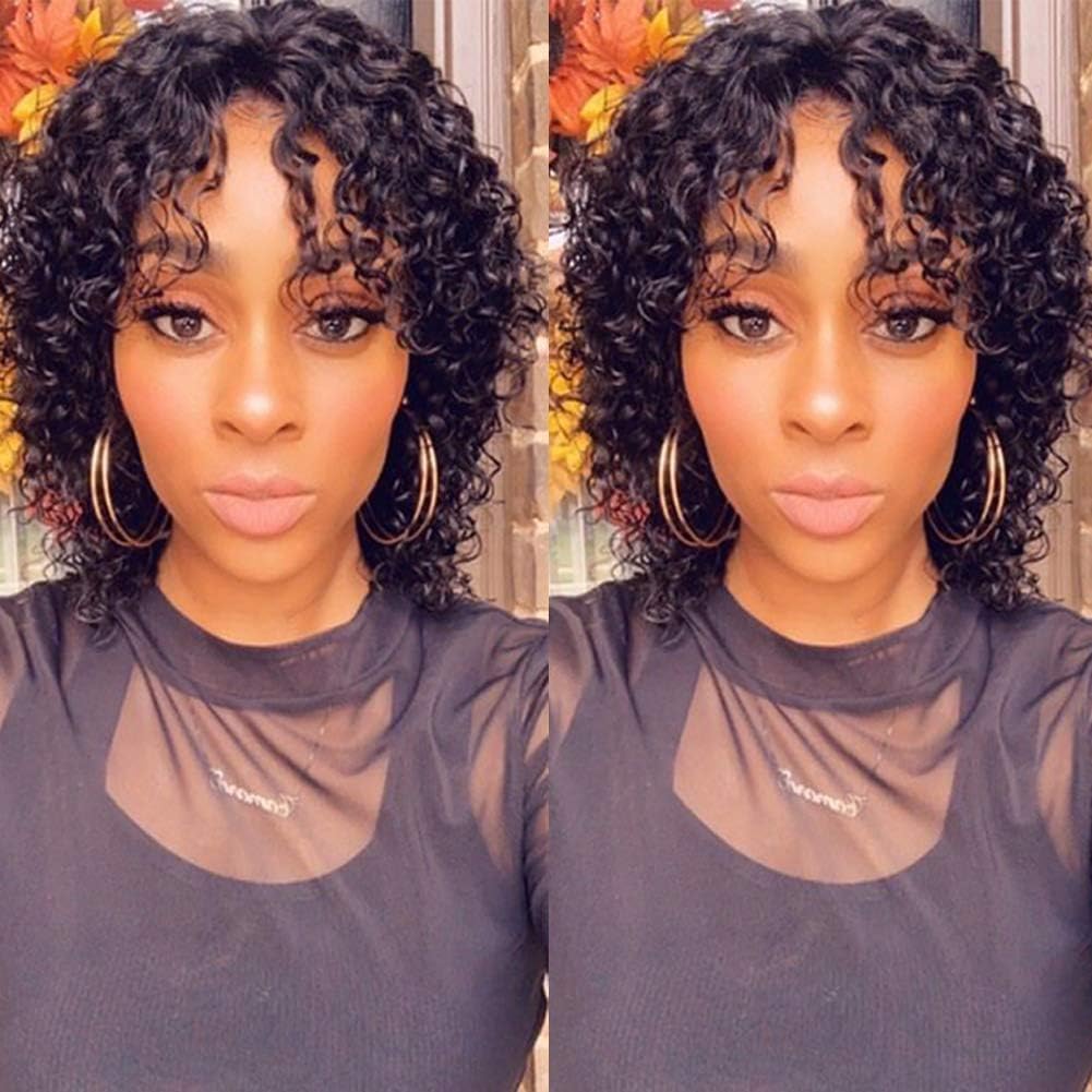 Deep Curly Lace Front Wigs Human Hair Wigs with Bangs 9A Virgin Brazilian Human Hair Lace Front Wigs with Bangs 150% Density Curly Bob Wig Human Hair Wig with Bangs Glueless Wigs Human Hair 10"