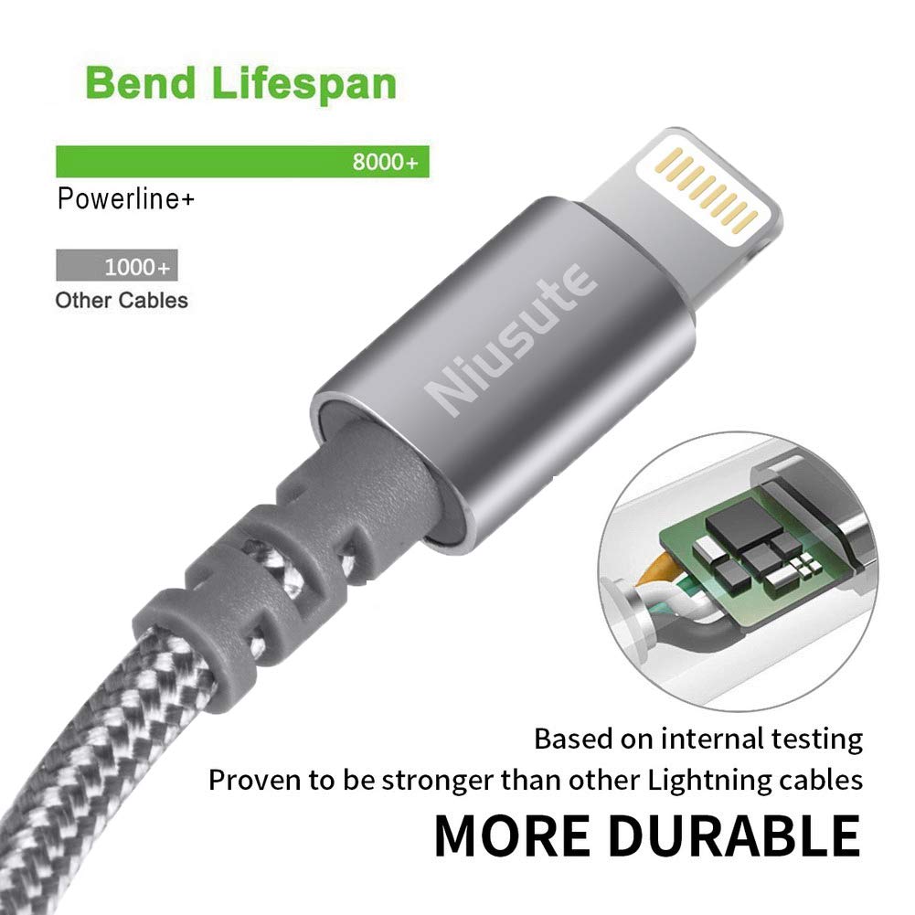 Niusute Phone Cable 3 Pack 6 ft Extra Long Nylon Braided Charging Charger Cord USB Cable,Grey