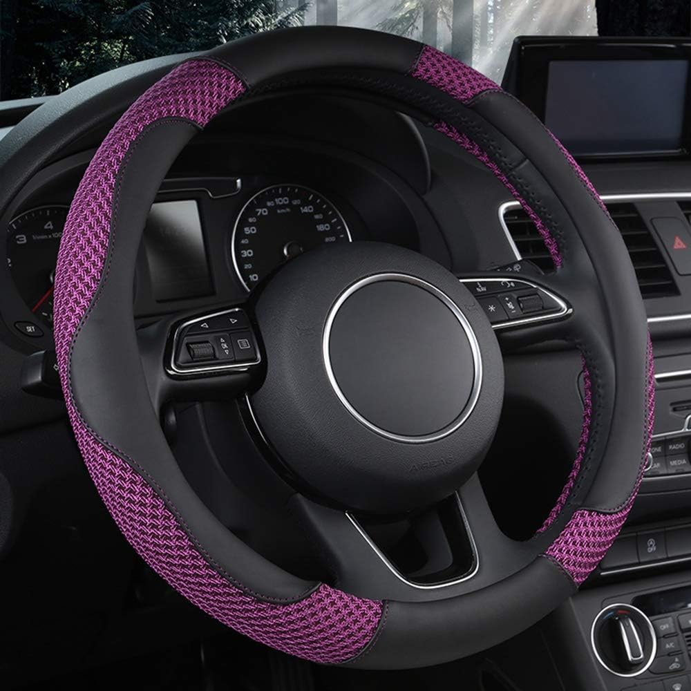 Steering Wheel Cover Breathable Non-Slip Universal Ice Silk Leather Car Steering Wheel Cover Sets for Women Men 15Inch (F-Purple)