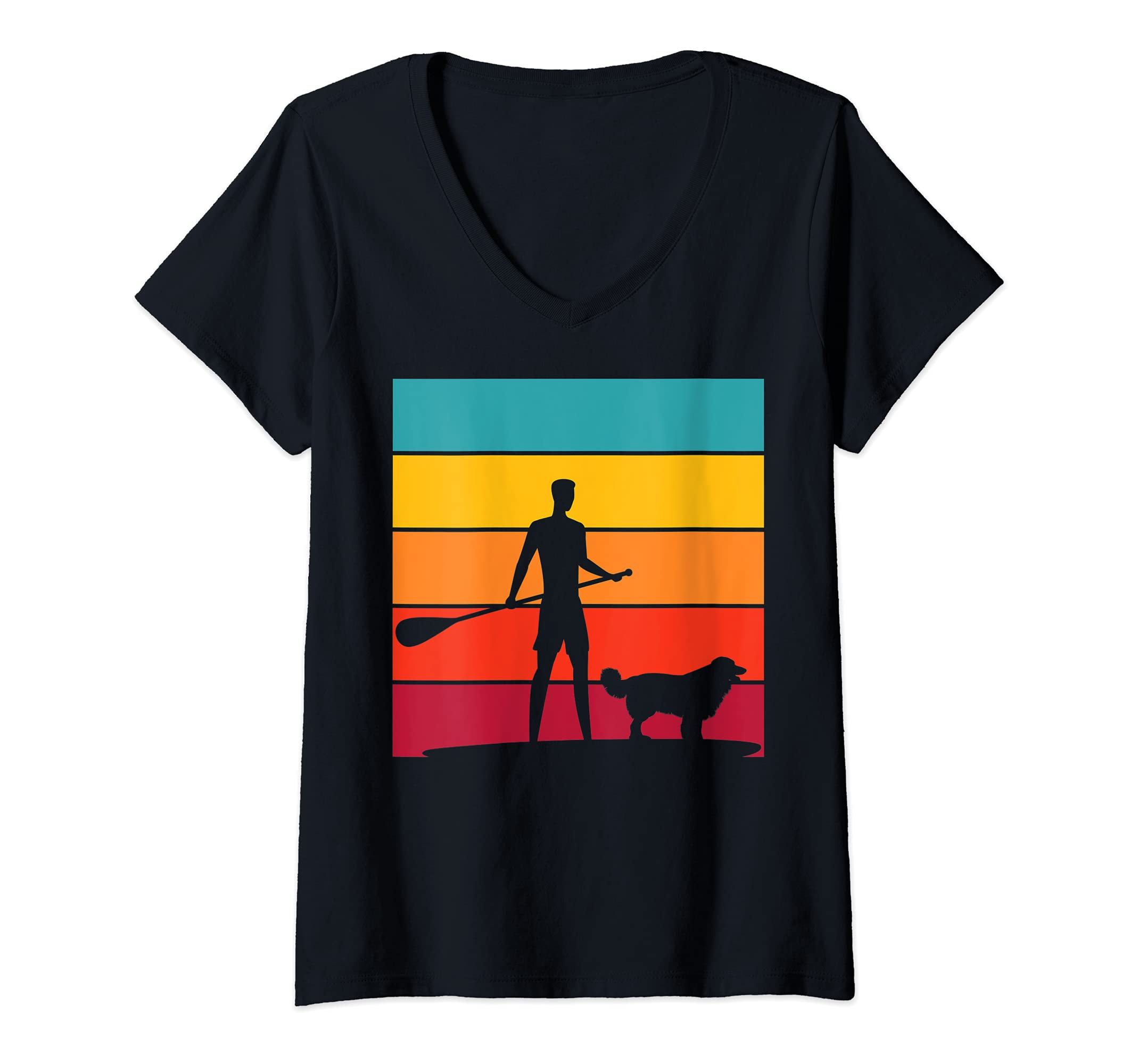 Womens Retro Stand Up Paddler Animal Dog Paddleboarding Outdoor SUP V-Neck T-Shirt