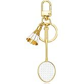 Gold Tone Tennis Racket Ball Keychain - Sparkling Crystal Tennis Charm Keyring Ideal for Tennis Bags Handbag Purses