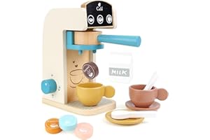 PairPear Kids Wooden Toys Coffee Maker Toy Espresso Machine Playset - Toddler Play Kitchen Accessories Gift for Girls and Boys