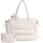 LOVEVOOK Tote Bag for Women with Giant Tumbler Holder Pocket, Puffer Work Travel Laptop Handbag with Zipper for Nurse Teacher