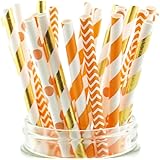 Thanksgiving Dinner Straws (25 Pack) - Fall Leaf Autumn Wedding Party Supplies, Orange & Gold Assorted Paper Straws for Thank