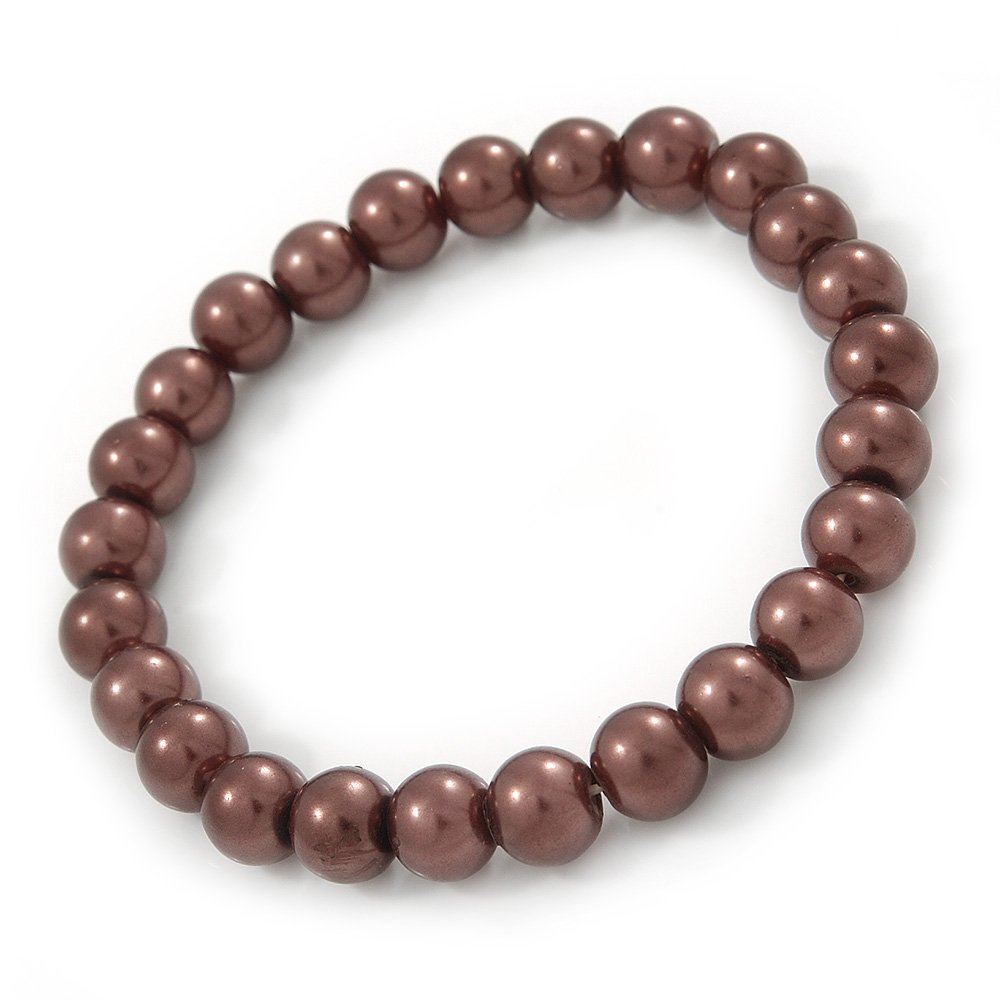 Avalaya 8mm Chocolate Brown Pearl Style Single Strand Bead Flex Bracelet - 18cm L