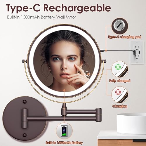 thumbnail image 2 of FOME 8 Inch LED Wall Mounted Makeup Mirror - Rechargeable 10X Magnification With 3 Color Lights 2 of 12