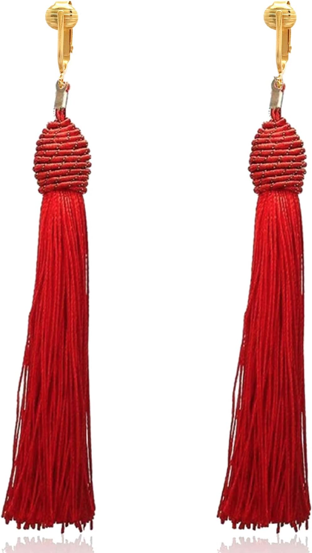 Aloha Earrings-Clip On Tassel Earrings-Dangle Clip On Earrings Silk Tassel Long Clip Earrings Bohemian