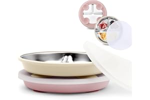 Bakpoco Stainless Steel Toddler Suction Plate with Lid, Deeper 9" Divided Plates with Removable Silicone Sleeves for Kids, Non Toxic & BPA Free | Unbreakable Baby Snack Dishes Set of 2,Pink & Beige