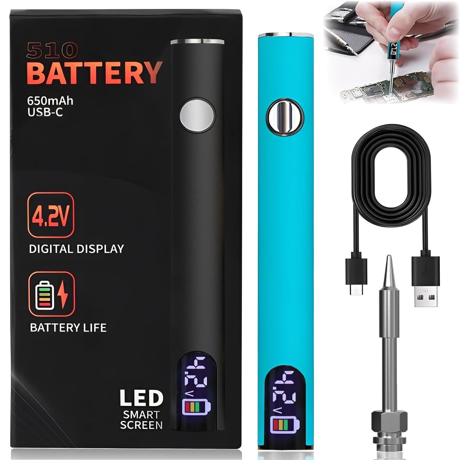 Photo 1 of 510 Threaded Battery Pen, 650mAh Cordless Thread Burner With LED Digital Display, 3 Gear Adjustable Voltages, Portable Rechargeable Welding Tools for Home Appliance Repair (Blue)