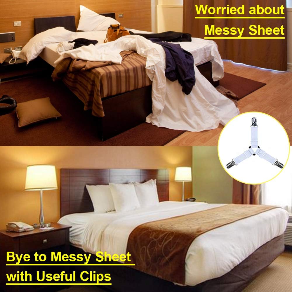 Bed Sheet Fasteners Bed Sheet Holder Straps Triangle Bed Sheet Keepers Adjustable Elastic Bed Sheet Holders Mattress Cover Holder Fasteners and Suspenders with Heavy Duty Grippers Clips, 4Pcs (White): Home & Kitchen