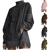 Velvet Dress for Women Tassel High-Neck Mini Dress Suede Velvet Winter Vintage Loose Pocket Fringe Long-Sleeve Dress