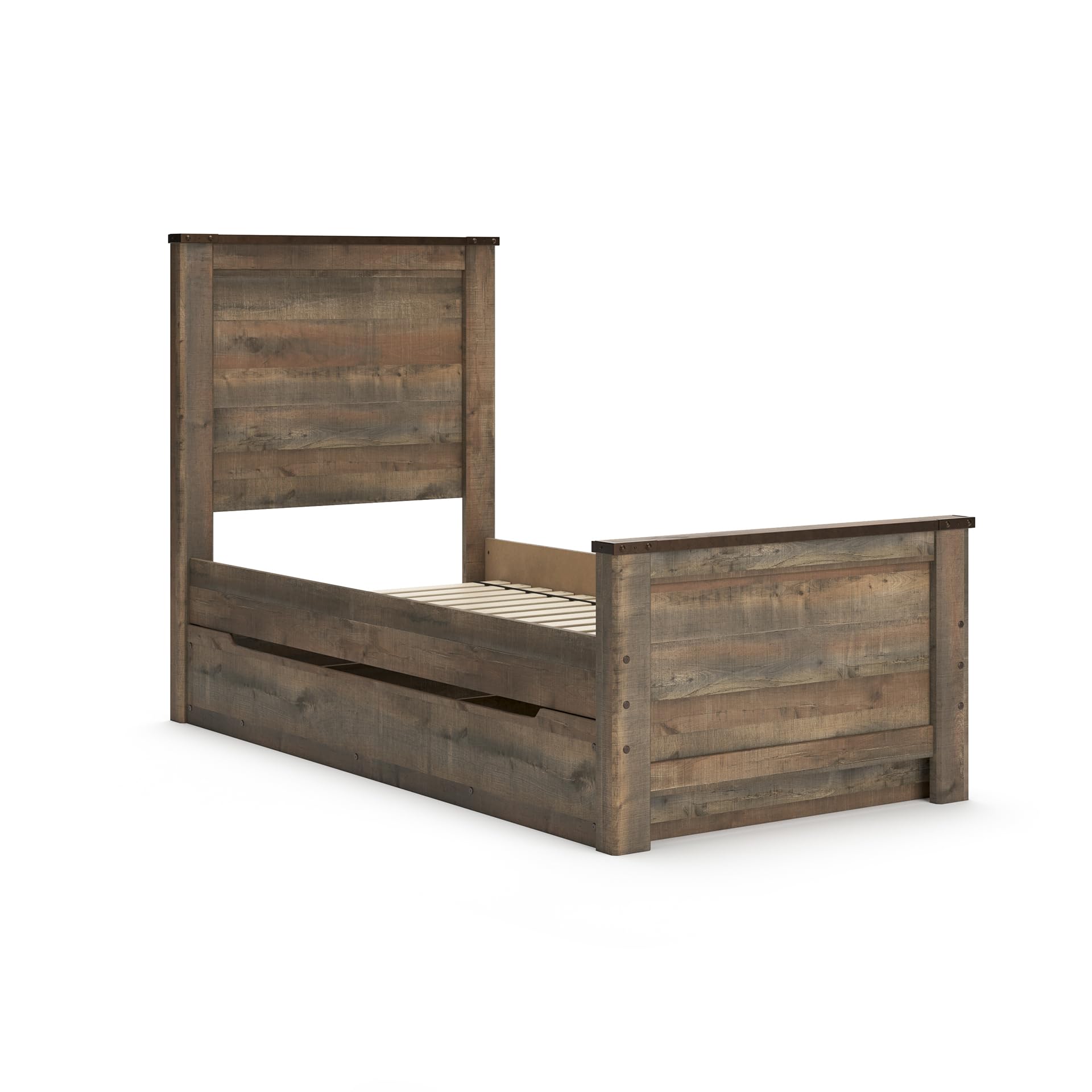 Signature Design by Ashley Trinell Casual Twin Panel Platform Bed with 1 Large Storage Drawer and Nailheads, Foundation or Box Spring Not Needed, Dark Brown Image