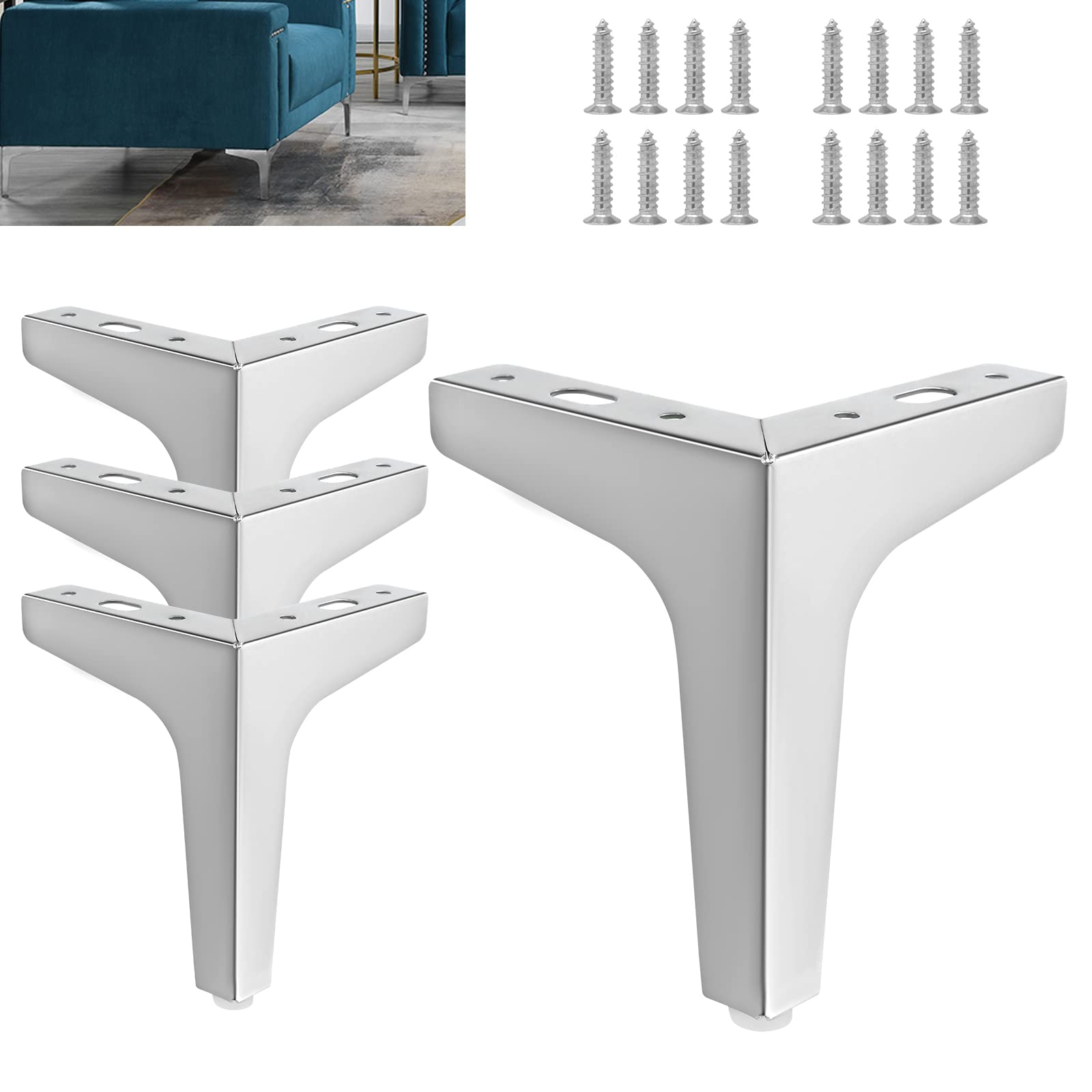 Wkmamo 4 Pcs Metal Furniture Legs,10cm/15 cmHeight Sofa Legs,Modern Metal Triangle Furniture Feet DIY Replacement for Cabinet,Wardrobe,TV Cabinets,Drawers (6 inch（15cm）, Silver)