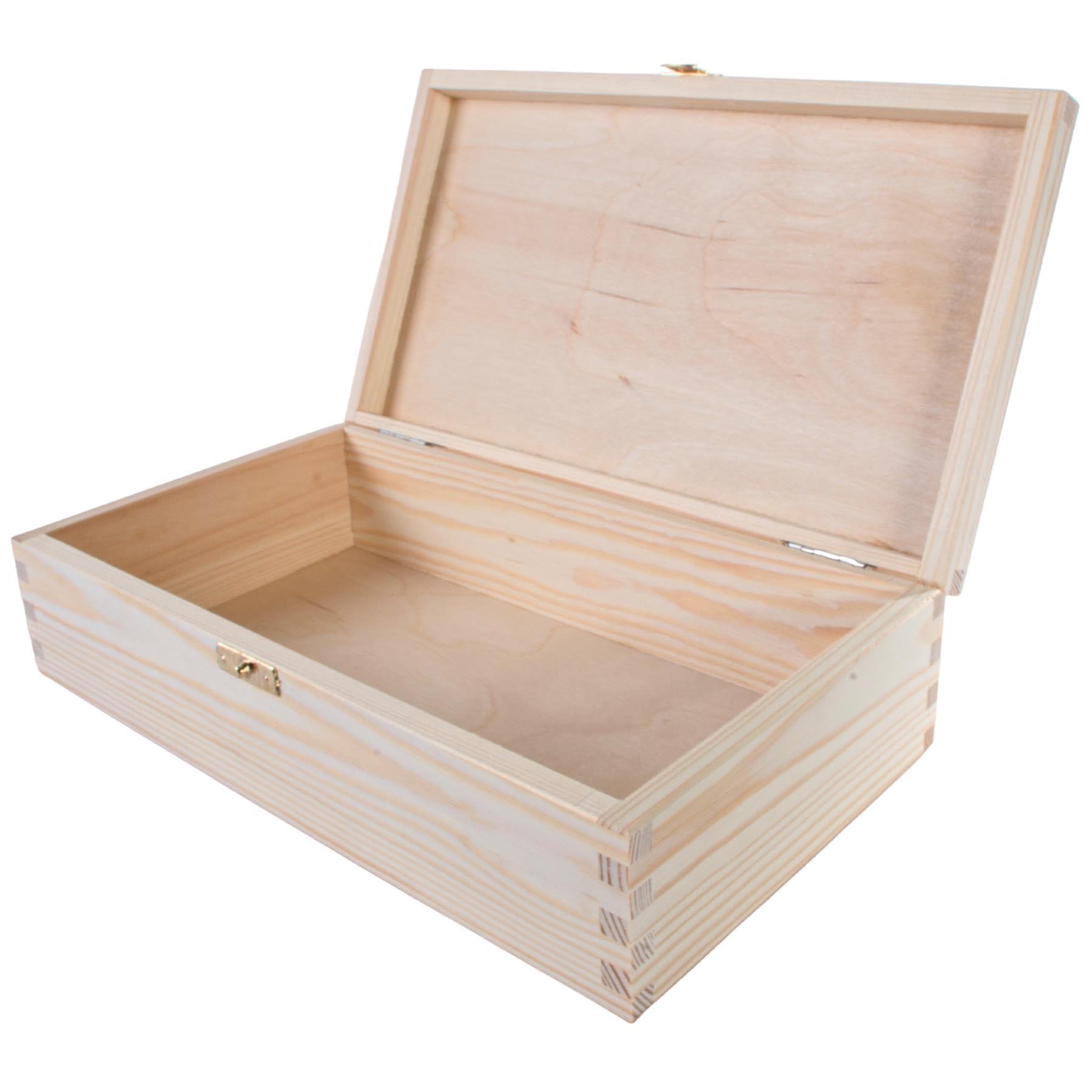 WooDeeDoo Rectangular Wooden Storage Box with Hinged Lid and Clasp – 28 x 16 x 8 cm – Unpainted Pine Box for Crafts Keepsakes Gifts Décor Retail Display Painting Decoupage DIY Use