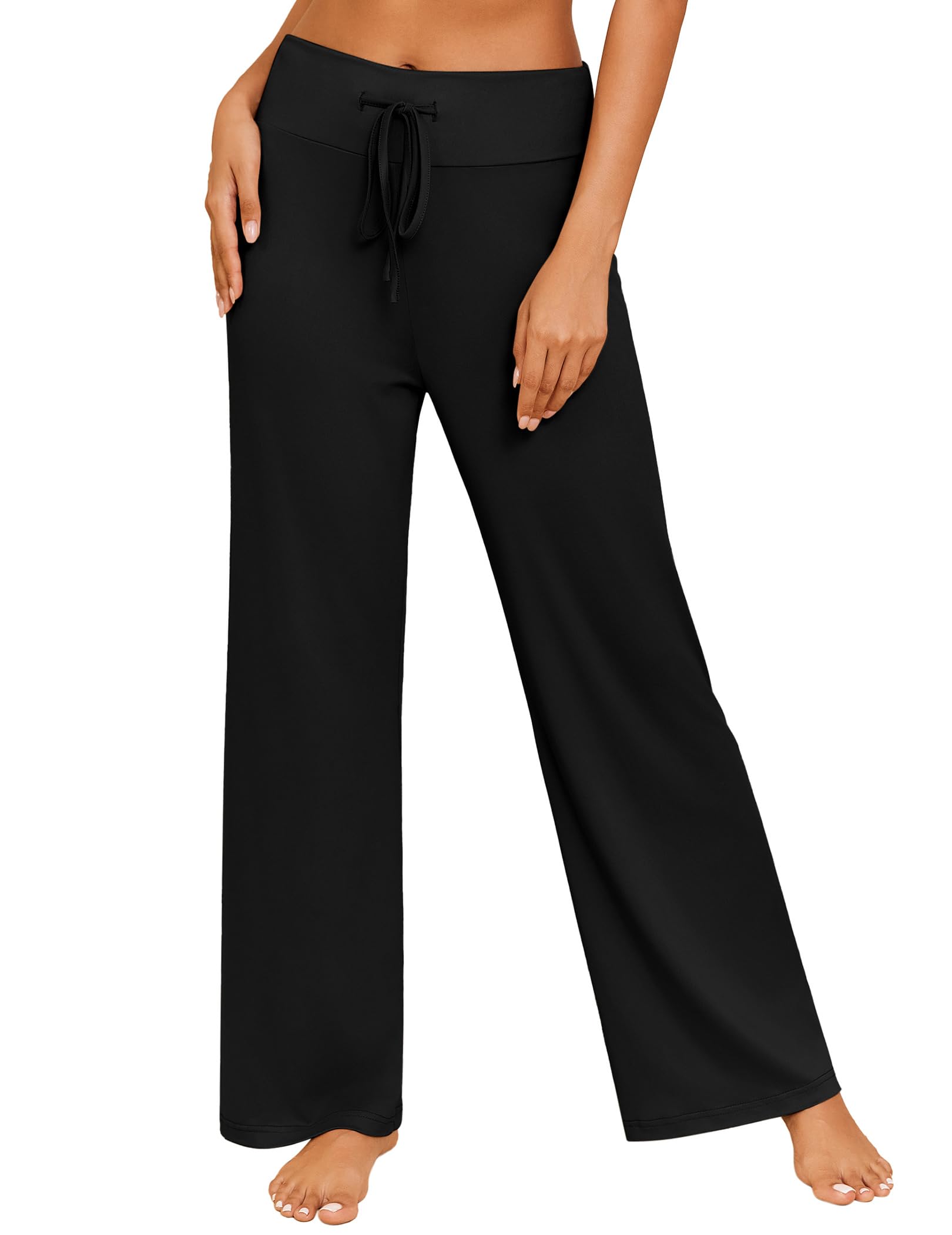 Ekouaer Women's Pajama Pants Wide Leg Yoga Pants Lounge Drawstring Pants Comfy Stretch Plaid Pj Bottoms Black XL