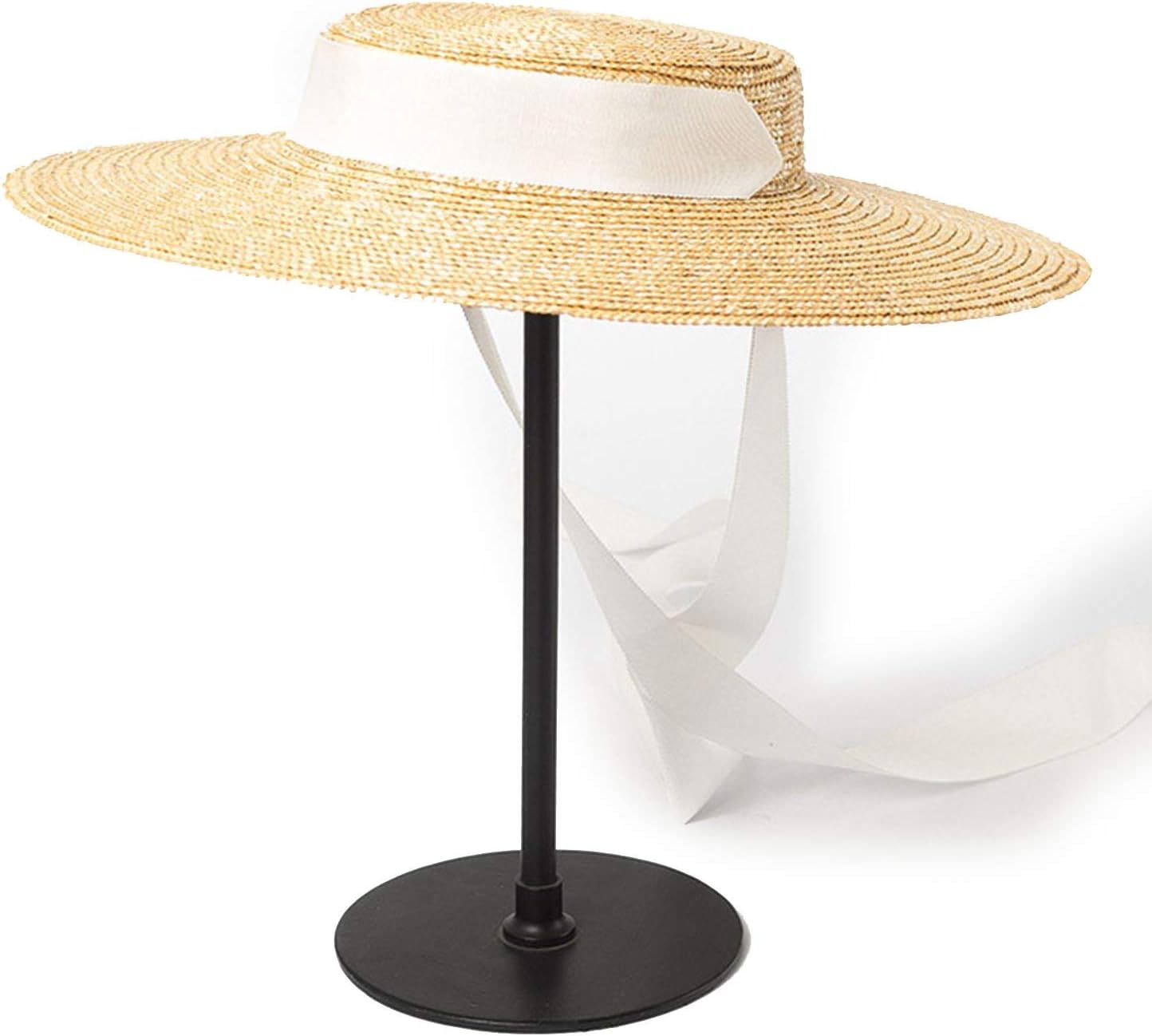 Wide Brim Boater Hat 10cm 15cm Brim Straw Hat Flat Women Summer Kentucky Derby Hat White Black Ribbon Tie Sun