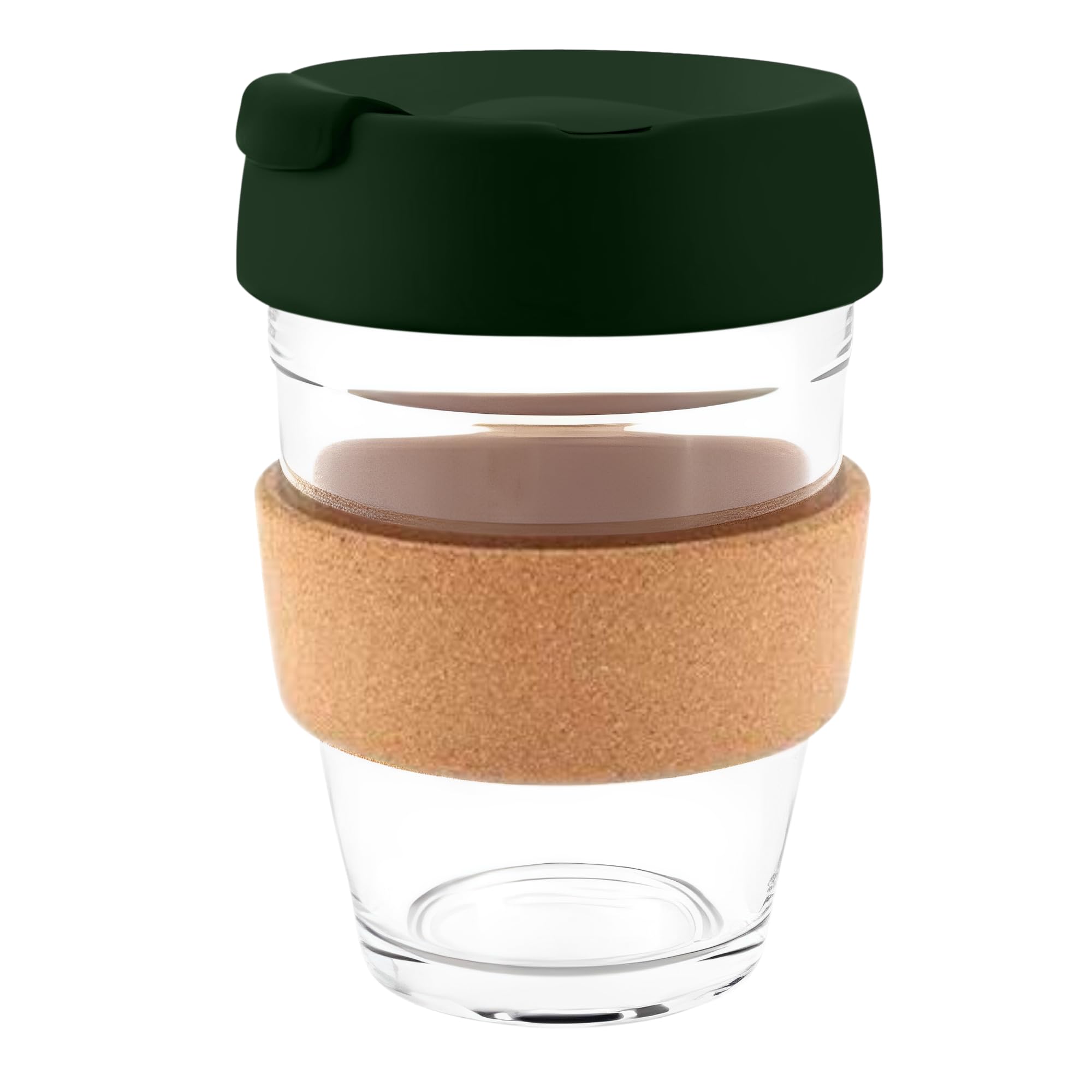 Reusable Glass Coffee Cup/Travel Mug with Lid - Heat Resistant Sleeve Surround Eco Friendly with Plugged Removable Lid (Dark Green Cork)