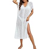 shermie Women Loose V Neck Side Slit Swimsuit Cover Up Mesh Knit Crochet Long Beach Dress