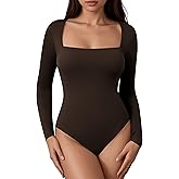 Laughido Women's Square Neck Long Sleeve Fitted Bodysuit Double Lined Fall Basic Trendy Tee Shirt Tops