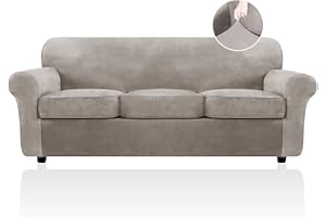 FestiCorp Velvet Sofa Slipcover, Stretch 4 Piece Furniture Cover for 3 Cushion Couch, Thick Slipcovers for Sofas with Pets, Taupe