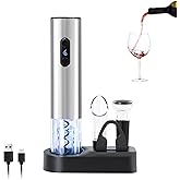 ELMWAY Electric Wine Opener Set by ELMWAY - Rechargeable Corkscrew Bottle Opener with Base/Wine Aerator Pourer/Foil Cutter/Wine Stopper/LED Light/Stainless Steel Shell, Gift for Wine Lover - Silver