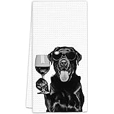 FIicy Black Lab Gifts Wine Dog Kitchen Towels, Gifts for Labrador Retriever Wine Lovers Decorative Hand Dish Towel for Kitchen Home Bar, Black Labrador Retriever Gift Home Bar Decor(16x24Inch)