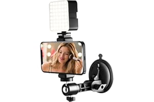 LENTOK Mirror Suction Cup Phone Holder with Light for Content Creator Essentials, Travel Wall Phone Camera Mount for Makeup, Mirror Tripod for Bathroom Kitchen Compatible with All Smooth Surface