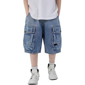 Boys Ripped Jean Shorts Start Raw Hem Vintage Denim Shorts Teen Kids Baggy Distressed Knee Length Jorts with Pockets