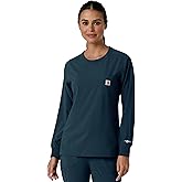 Carhartt Force Cross-Flex Scrubs for Women, Crew Neck Long Sleeve Scrub Top - Navy, M