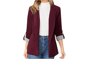 SHOPESSA Rolled Up Sleeve Blazers for Women Single Breasted Coat Women Loose Fitting Suit Coat with Notch Collar