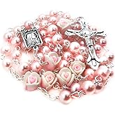 Angelic Pink Rose Rosary Beads Catholic for Women - Catholic Gifts - Rosary Necklace for Women