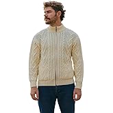 SAOL 100% Merino Wool Men's Zipper Cable Knit Winter Warm Cardigan Sweater with Pockets in Charcoal/Army Green