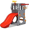 KOTEK Toddler Slide Indoor for Age 3-8, 5 in 1 Kids Climber Slide with Basketball Hoop, Telescope, Crawl Through Space & Climbing Stairs, Freestanding Kids Slide for Boys & Girls