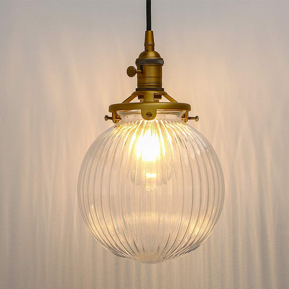 Yosoan Vintage Edison Switch Pendant Light Fiting with Ribbed Globe Glass Shade, Loft Bar Edison Hanging Ceiling Lights Chandelier for Kitchen Dining Room Bedroom Restaurant (Antique)