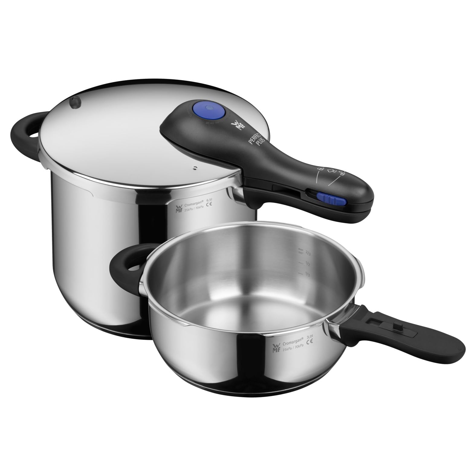 WMF Perfect Plus One Pot Schnellkochtopf Set Induktion 2-teilig, Dampfkochtopf 6,5l + 3l großes Kochsignal, 2 Kochstufen, abnehmbarer Deckelgriff, Einhand-Kochstufenregler, Cromargan Edelstahl poliert