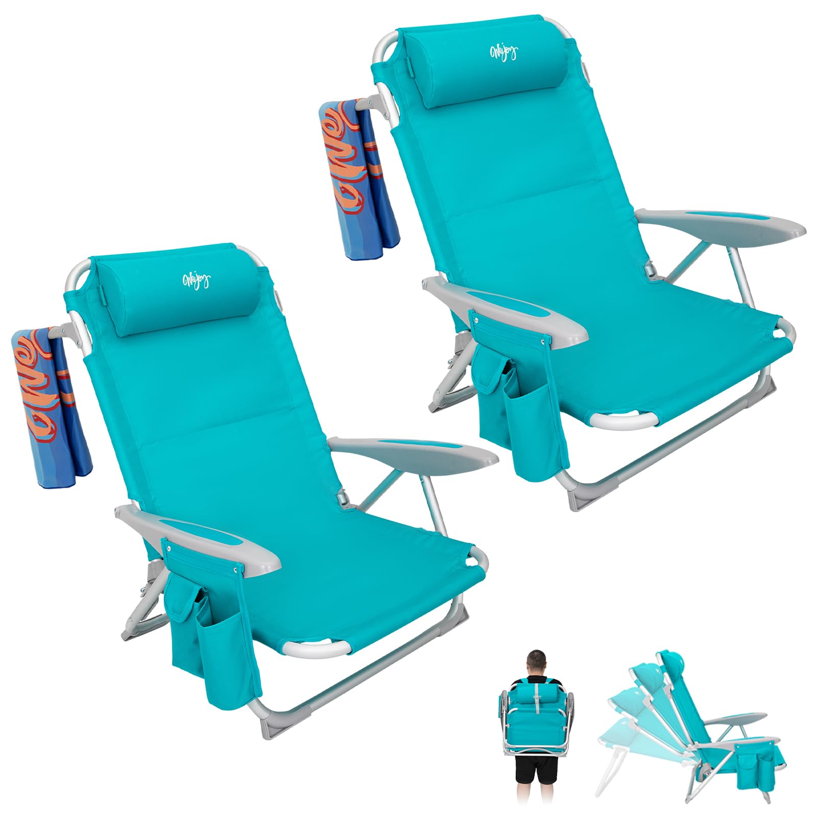 Photo 1 of #WEJOY Lightweight Low 2 Pack Beach Chair for Adults, 4-Position Aluminum Folding Camping Chairs with Backpack Strap, Cup Holder and Padded Headrest, Supports 265lbs for Lawn Outdoor Cyan