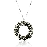 CRYSTALIS Natural Golden Pyrite Beads Pendant Necklace, Micro Beaded Crystals, Round Hoop Shape Crochet Framed, Chakra Healing Gemstone, Women Jewelry, 925 Sterling Silver 18 inch